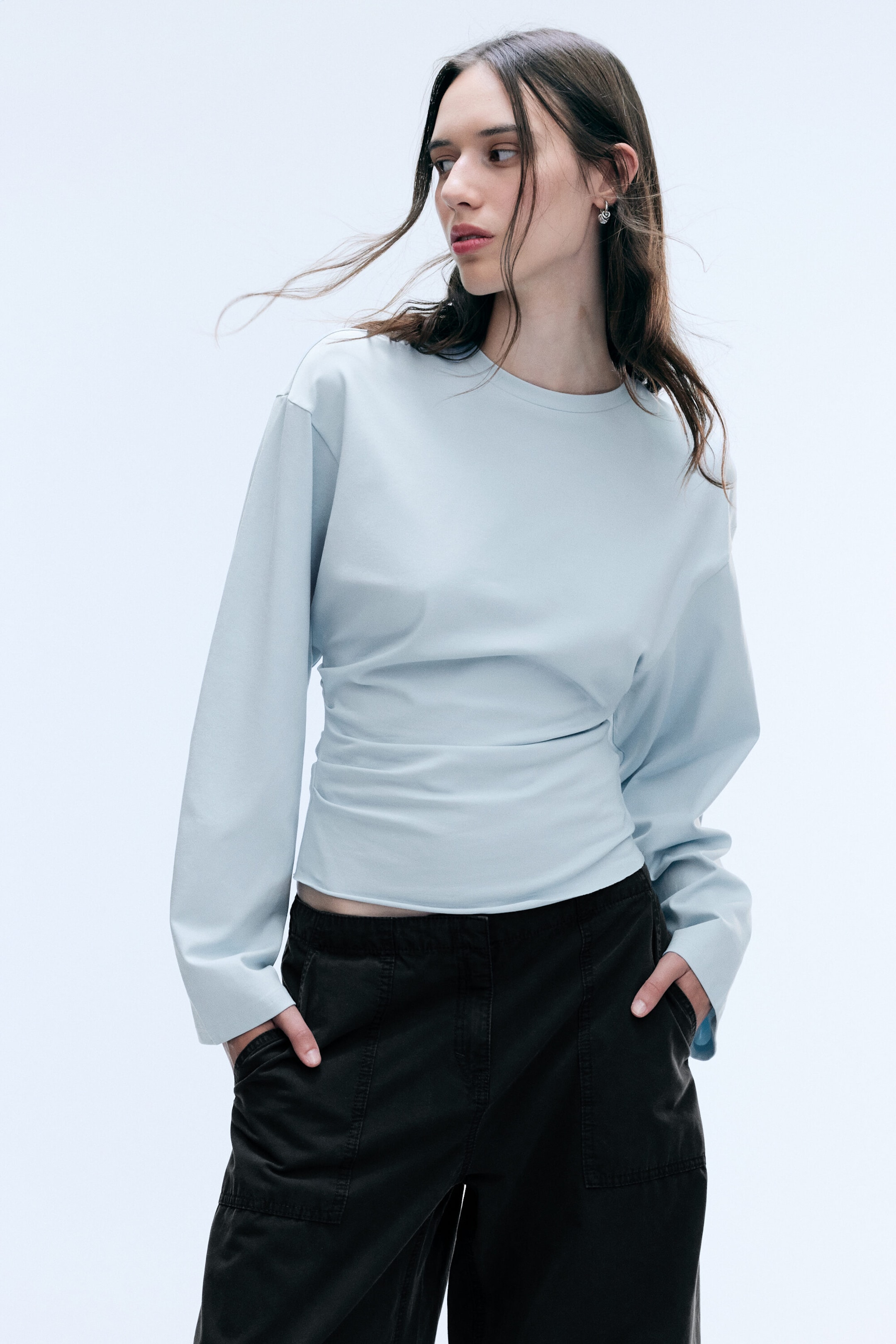Light Dusty Blue - Ruched Long-Sleeved T-shirt - 1