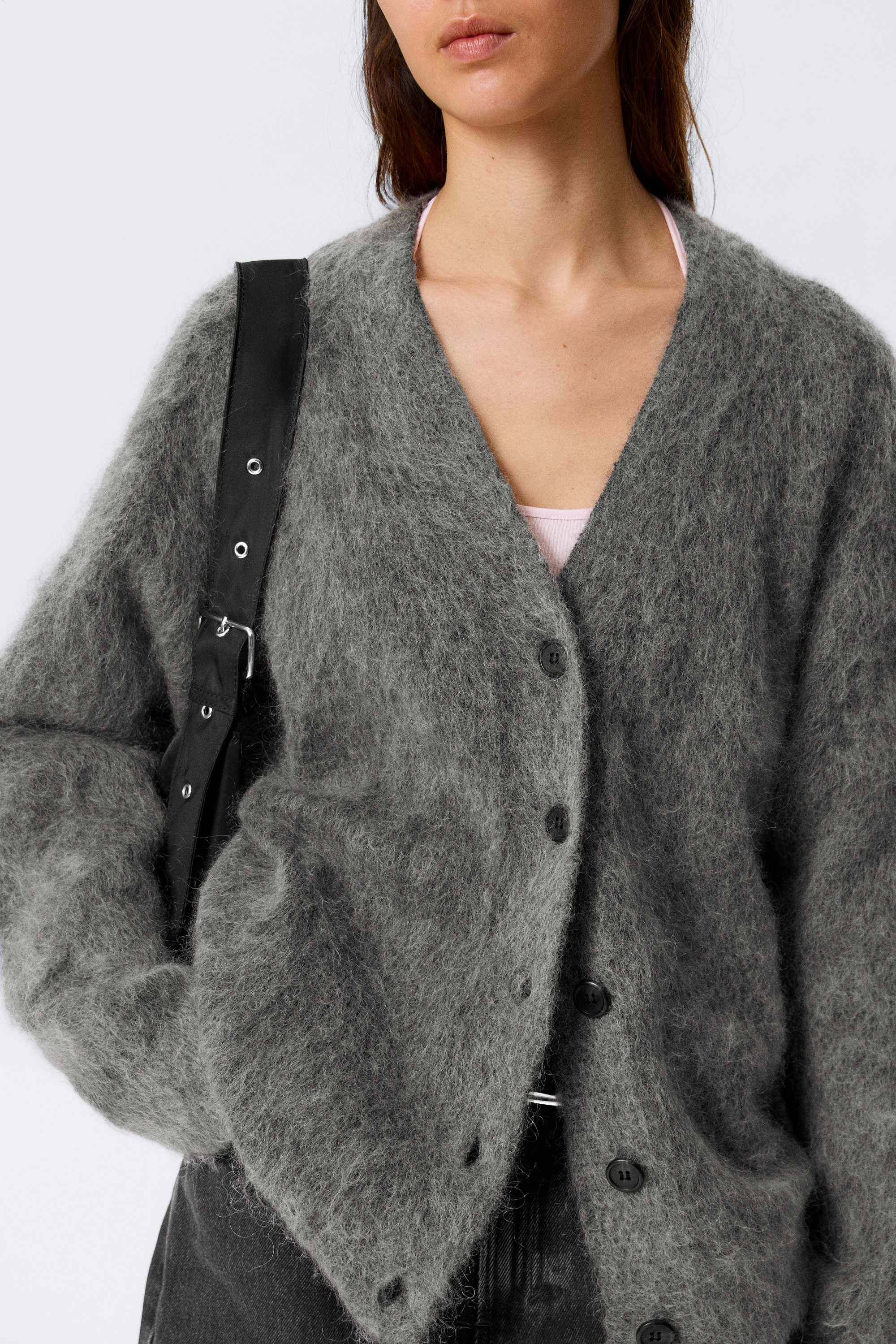 loose fit mohair blend v-neck cardigan - Dark Grey | Weekday WW