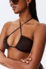 Dark Brown - Ruched Halter Bandeau Bikini Top - 2