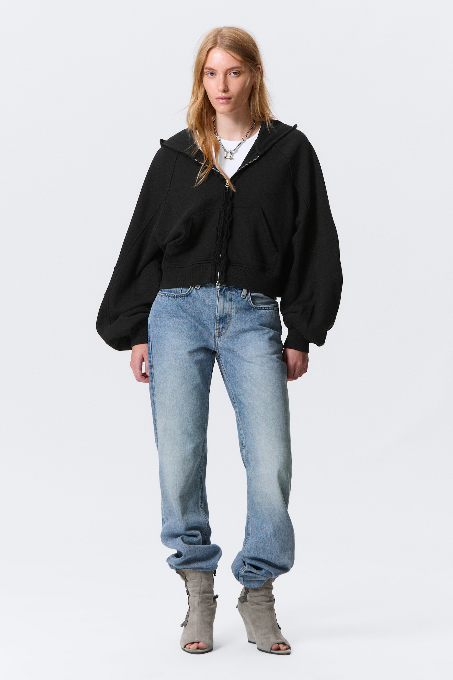 Oversized Cropped Frayed Zip Hoodie - Black - 4