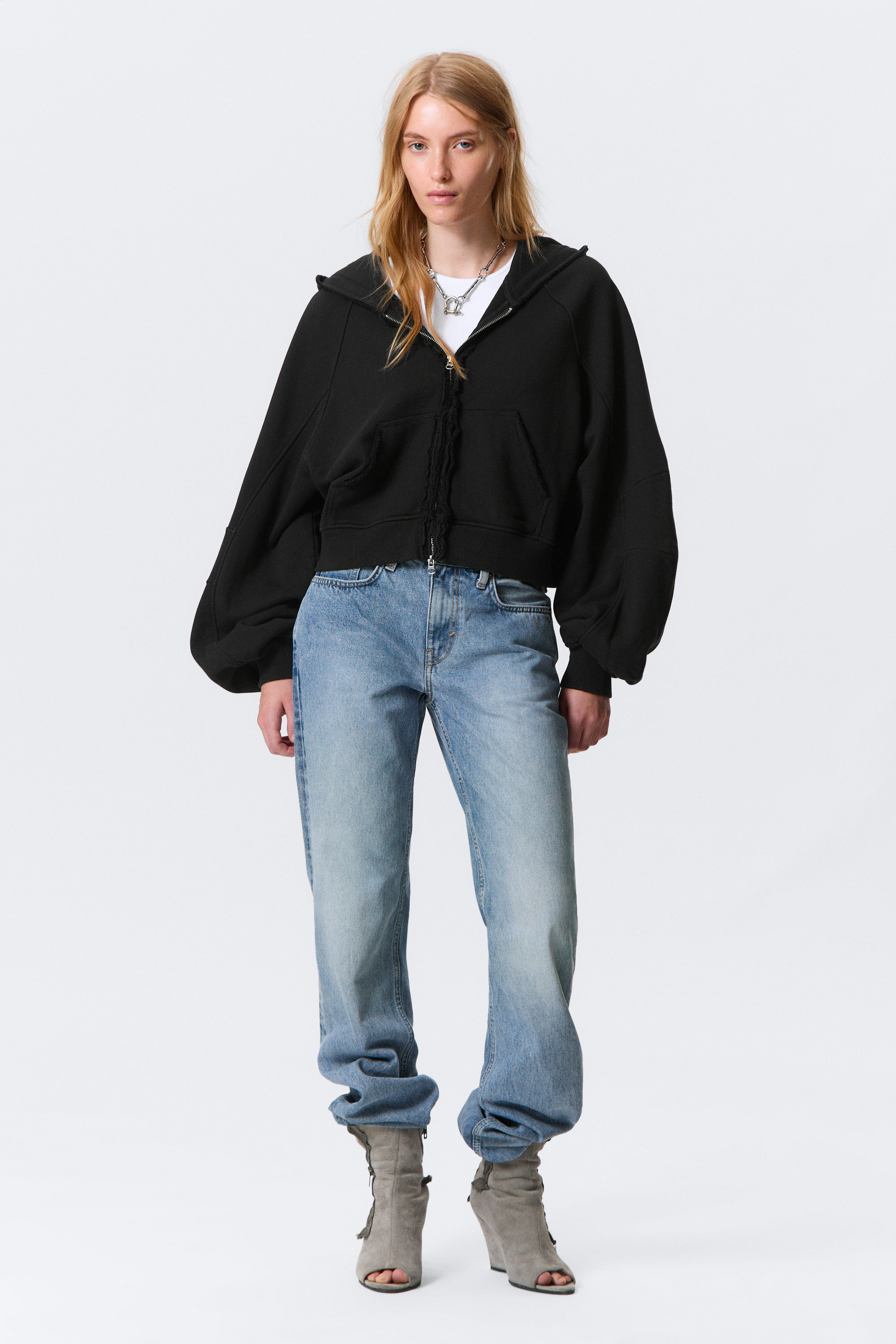 Black - Oversized Cropped Frayed Zip Hoodie - 2