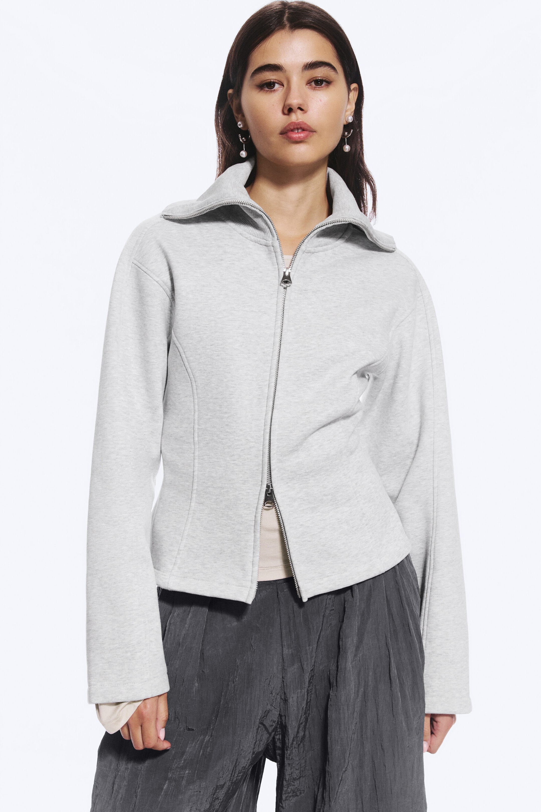 Grey Melange - Fitted Zip Sweatshirt - 1