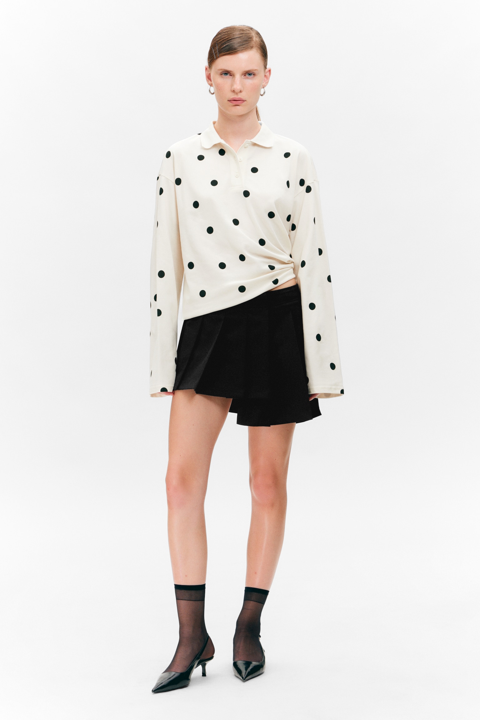 Long-Sleeved Cotton Polo Top - White - Black Dots/Striped Light Pink - 1