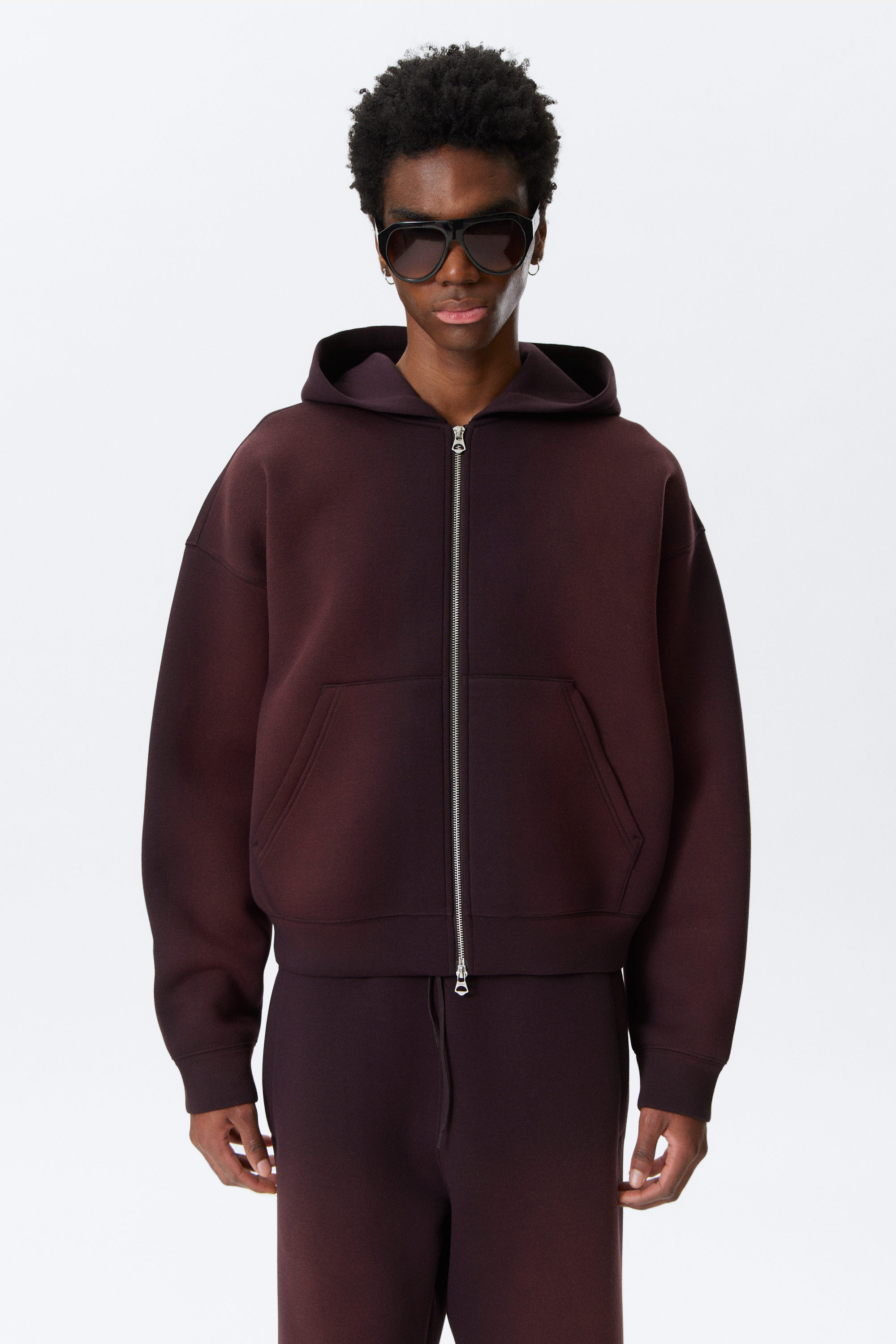 Paarsrood met wassing - Simon hoodie van scubastof met rits en wassing - 0
