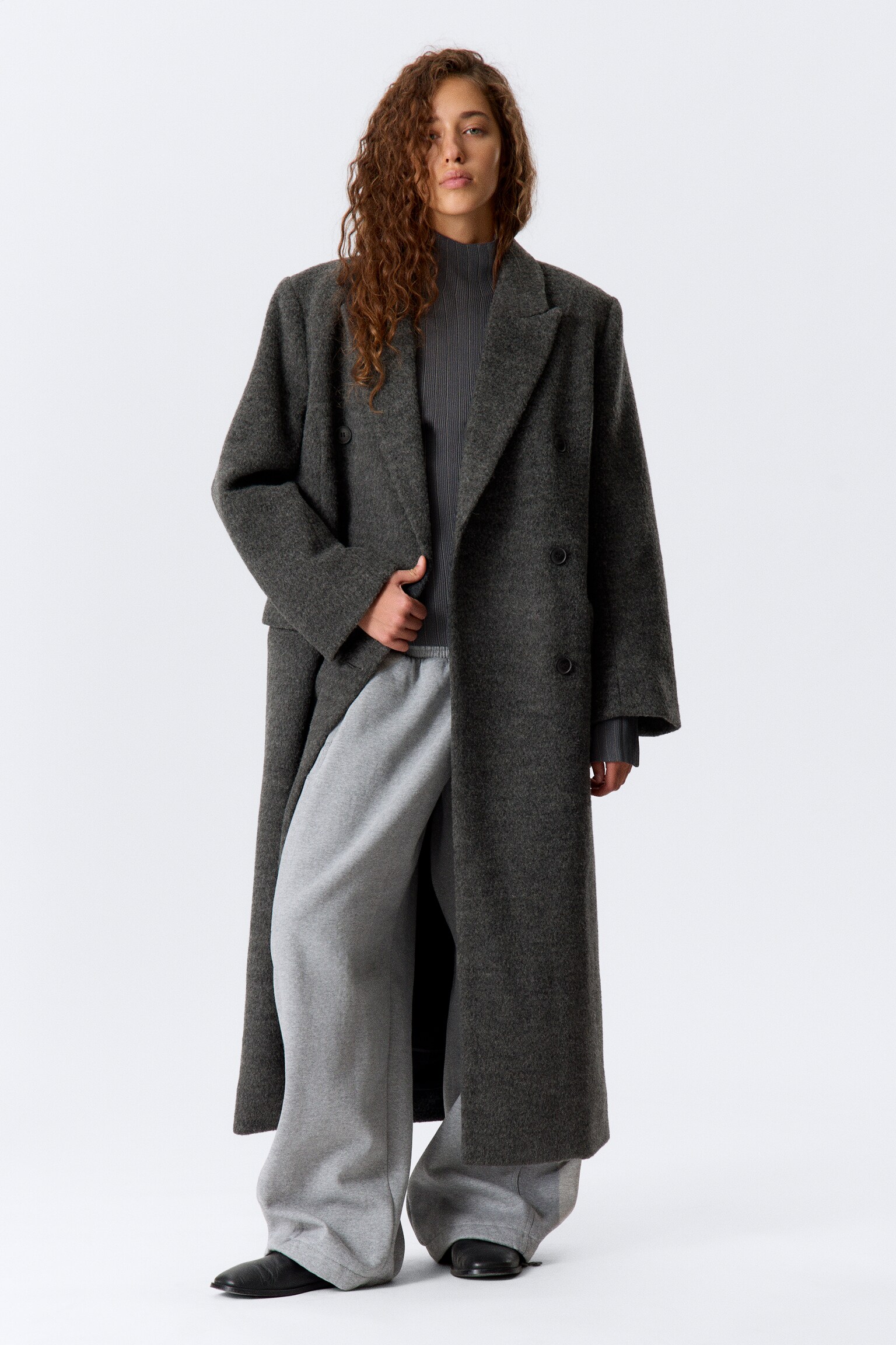 Manteau oversize à double boutonnage en laine mélangée poilue - Gris foncé chiné