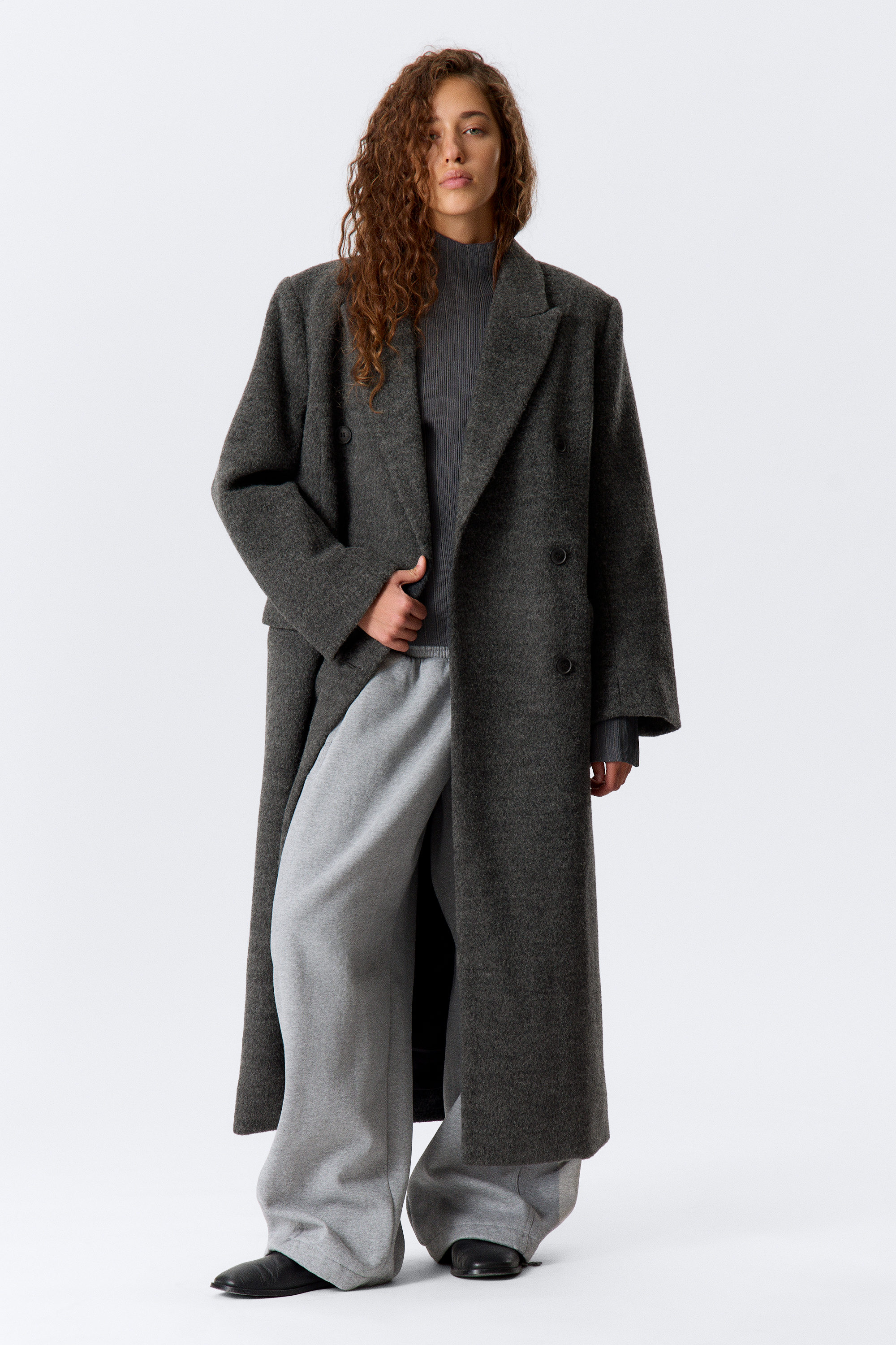 Dunkelgrau meliert - Flauschiger Oversize-Mantel aus Wollmix - 1