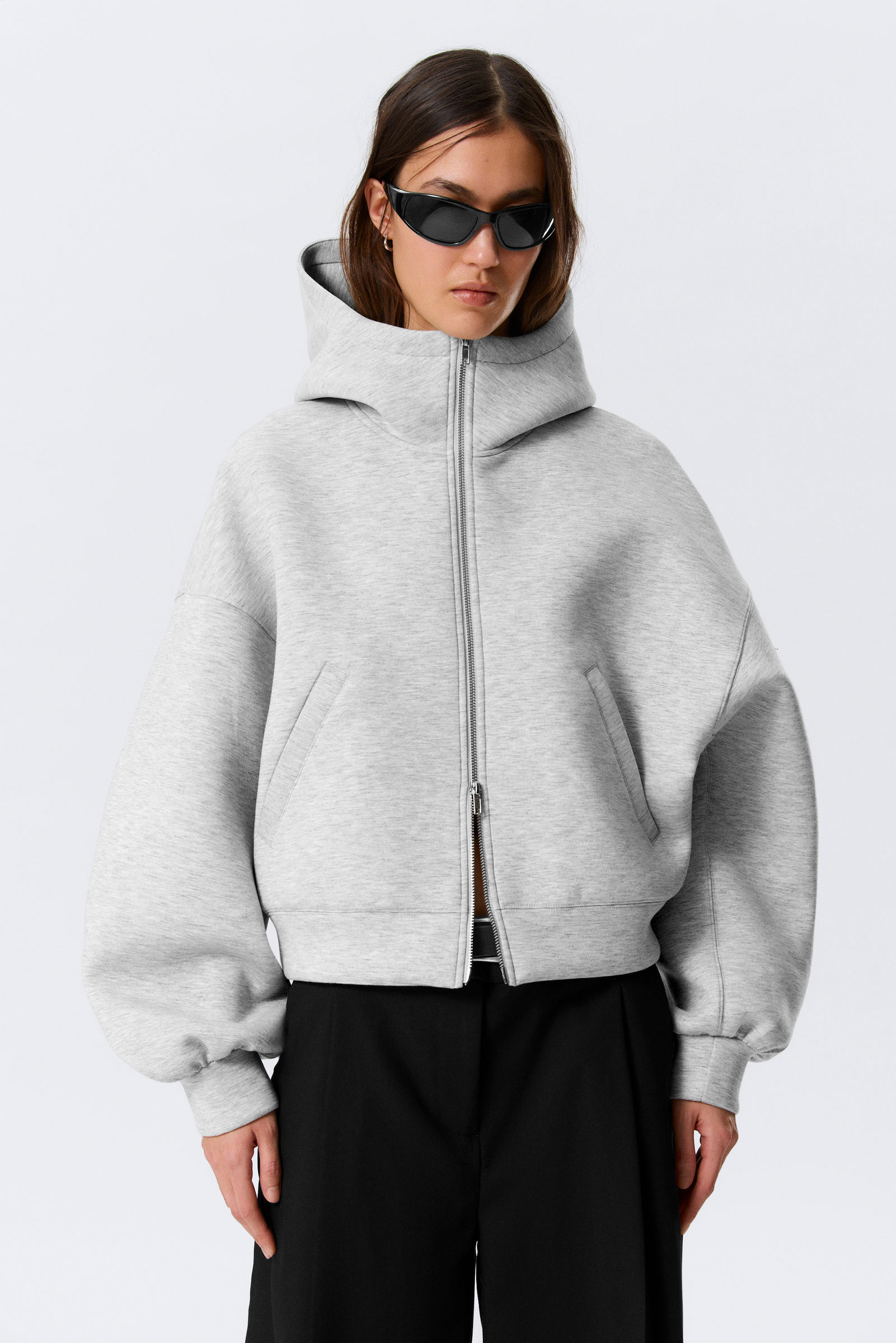 Weekday Vrouw Grijs Gemêleerd Oversized Capuchonsweater Van Scuba Met Trechterhals En Rits