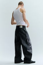 Black - Cracked Loose Fit Barrel Leg Jeans - 2