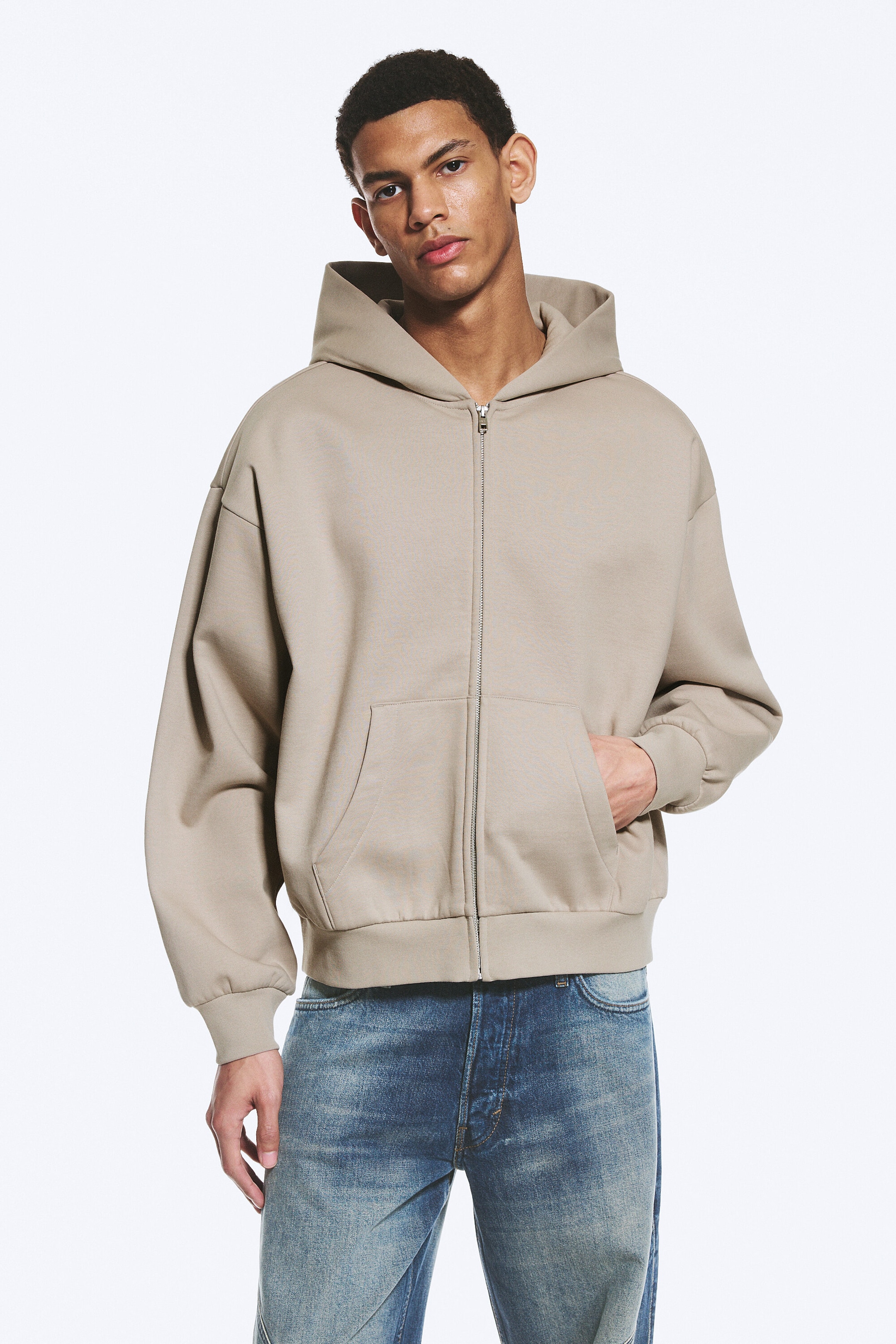 Light Beige - Loose Fit Zip Hoodie - 2