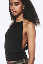 Schwarz - Ärmelloses Neckholder-Top mit Raffungen - 2