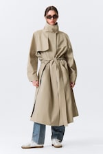 Beige - Loose Fit Trench Coat with Funnel Collar - 2