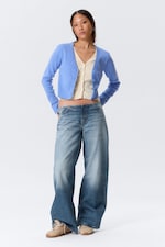 Blue/Off-white - Knitted Double-Layered V-neck Cardigan - 0