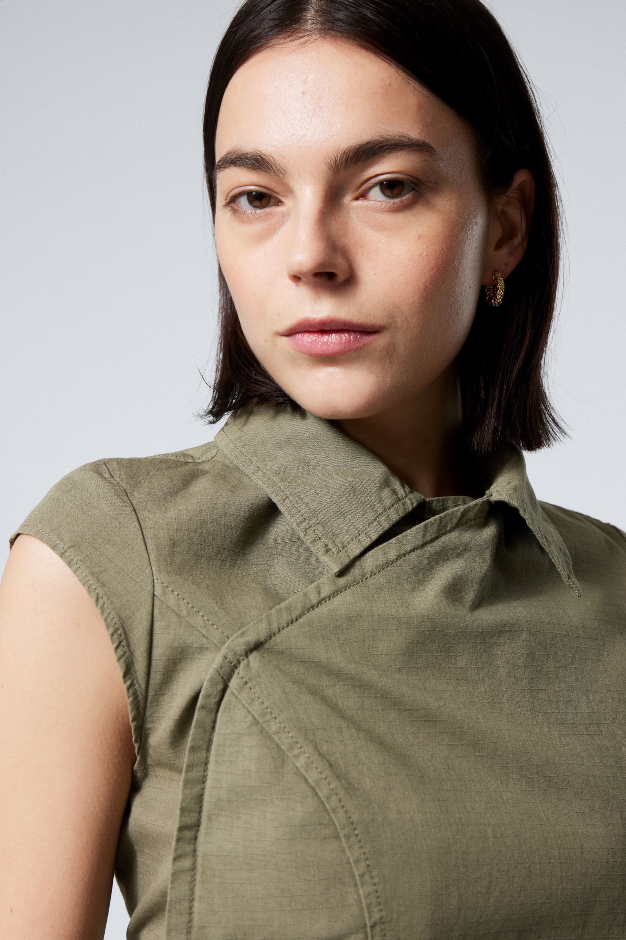 Dark Khaki Green - Cap-Sleeved Asymmetric Ripstop Top - 2