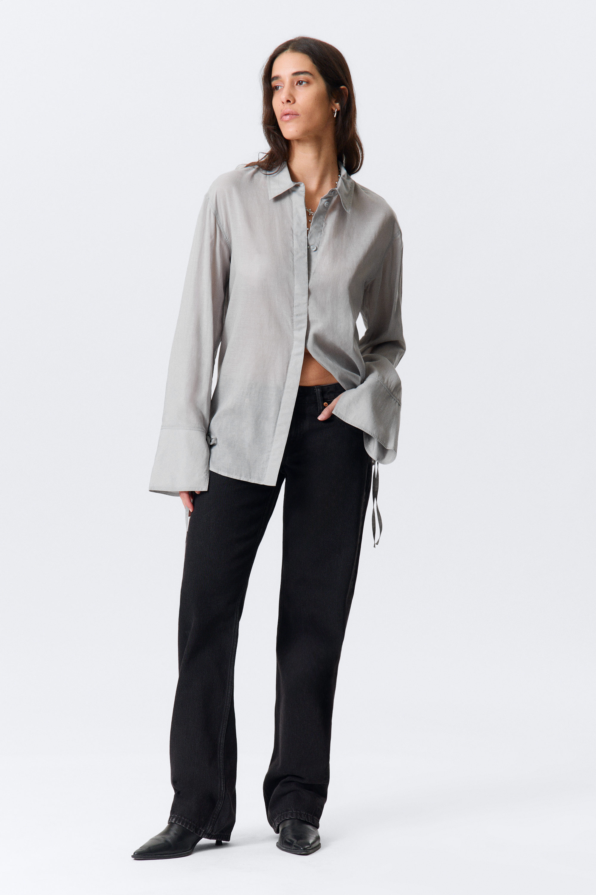 Dusty Grey - Long-Sleeved Open Back Tie Shirt - 1