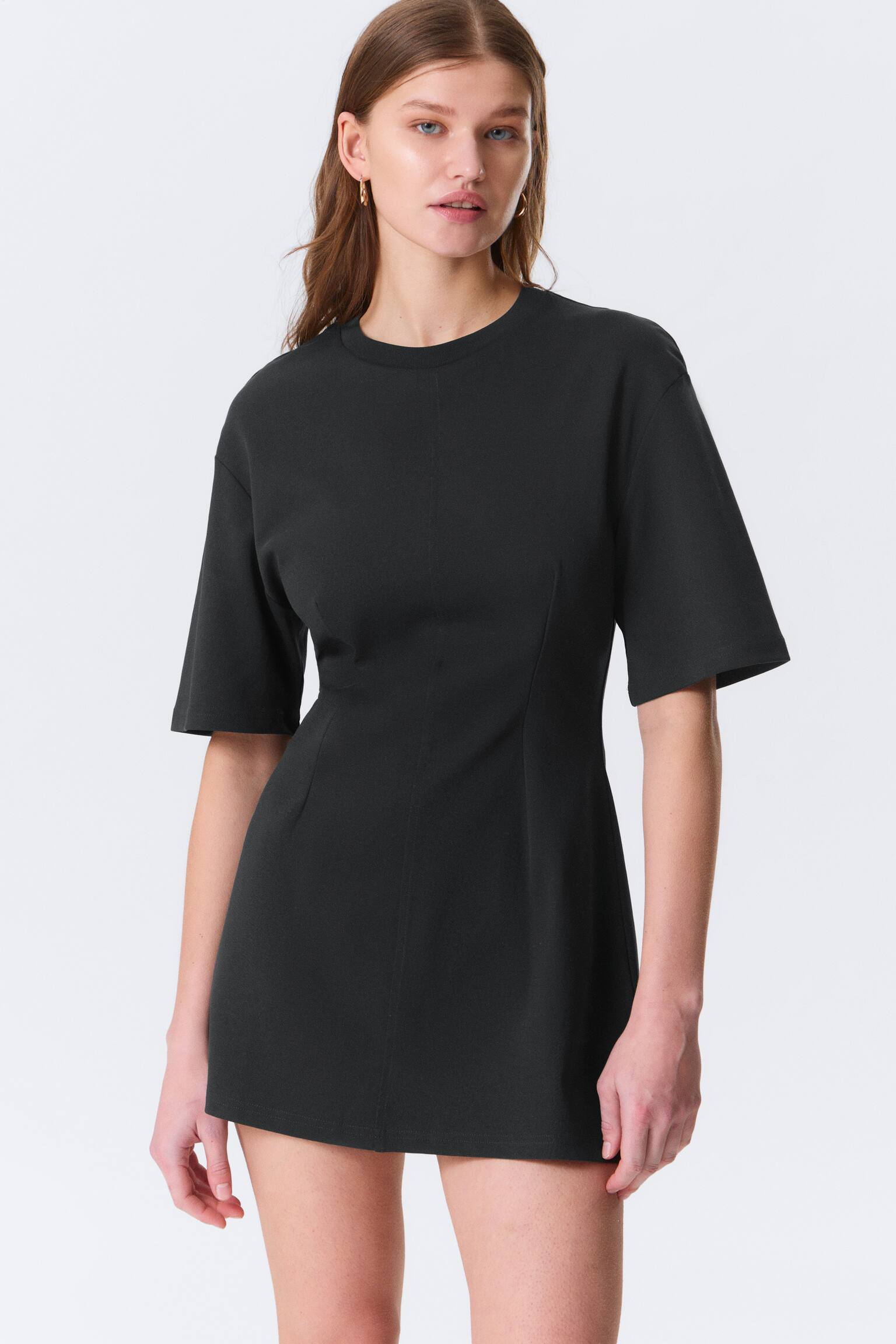 Katoenen mini-jurk met korte mouwen - Zwart/Wit - 5