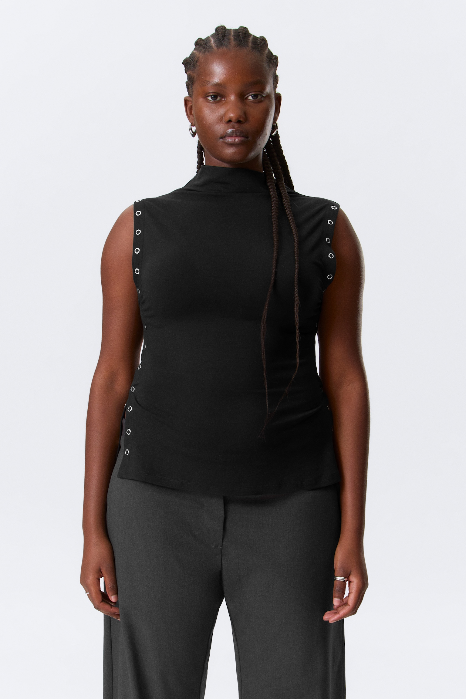 Fitted Snap-Button Mock-Neck Top - Black/White - 1