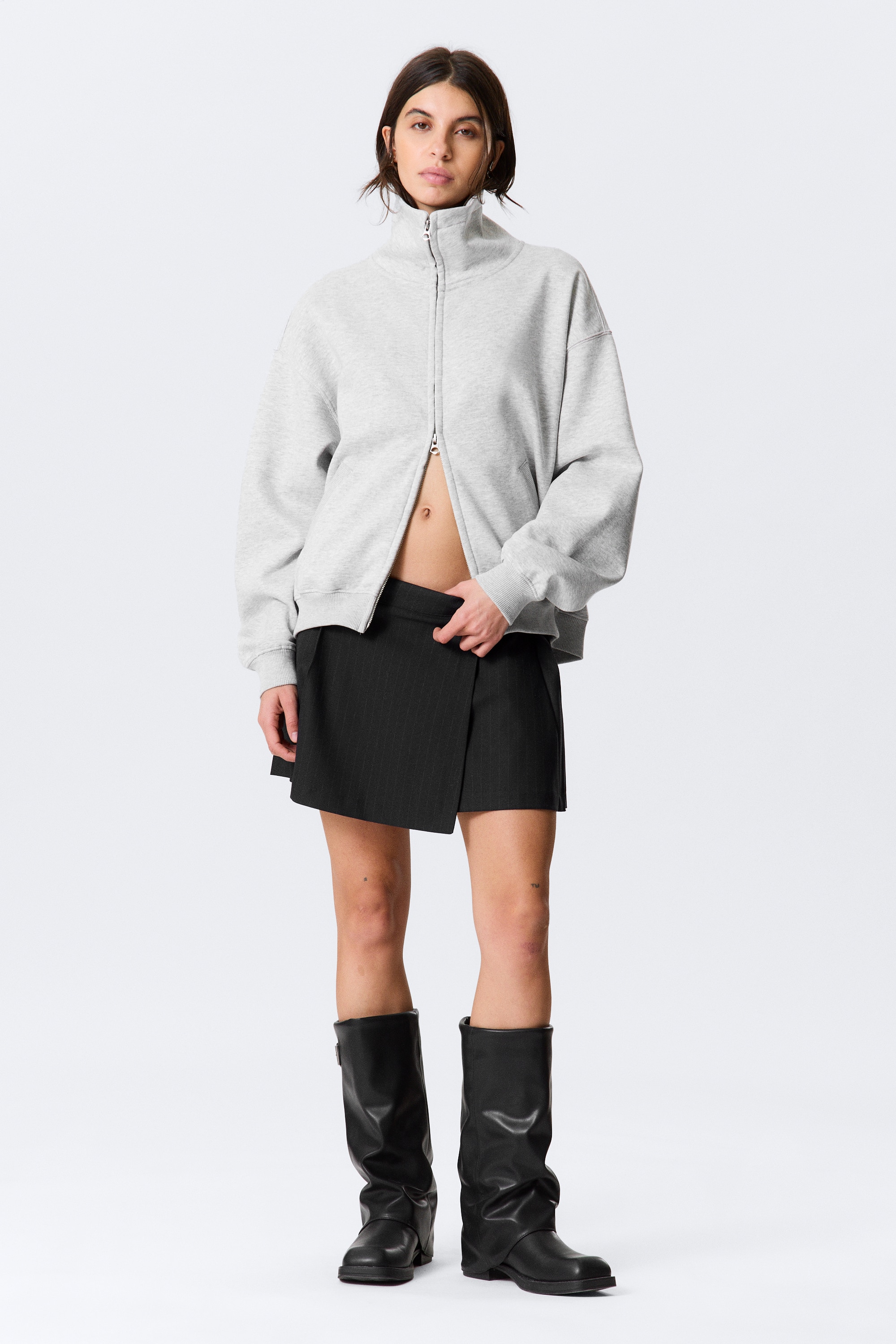 Ledig turtleneck-cardigan med dragkedja - Gråmelerad/Svart