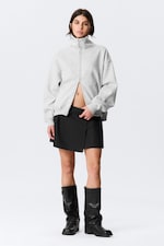 Grau meliert - Lockerer Zip-Cardigan mit Trichterkragen - 0