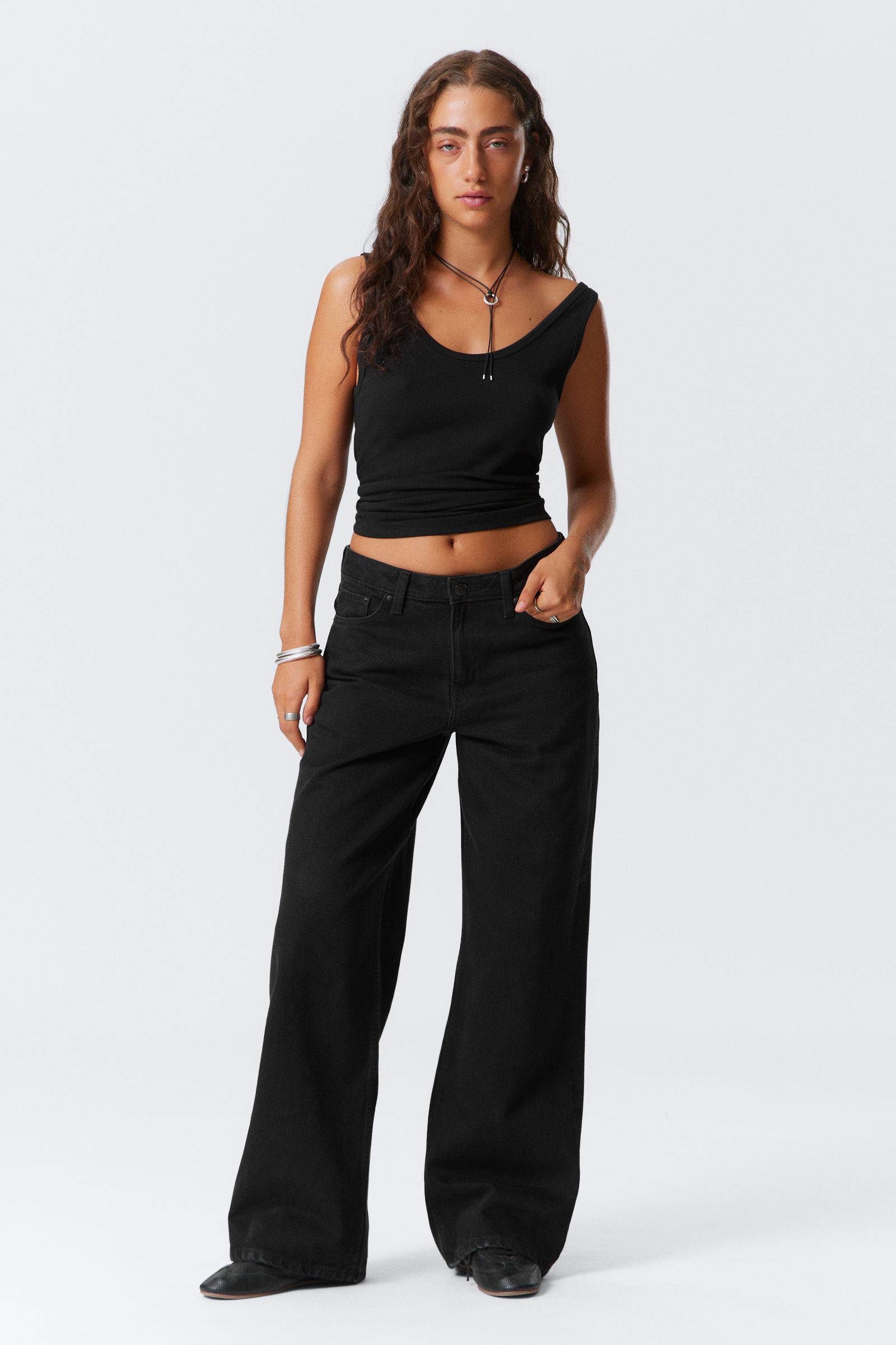 oblique low waist loose barrel leg jeans - Tuned Black