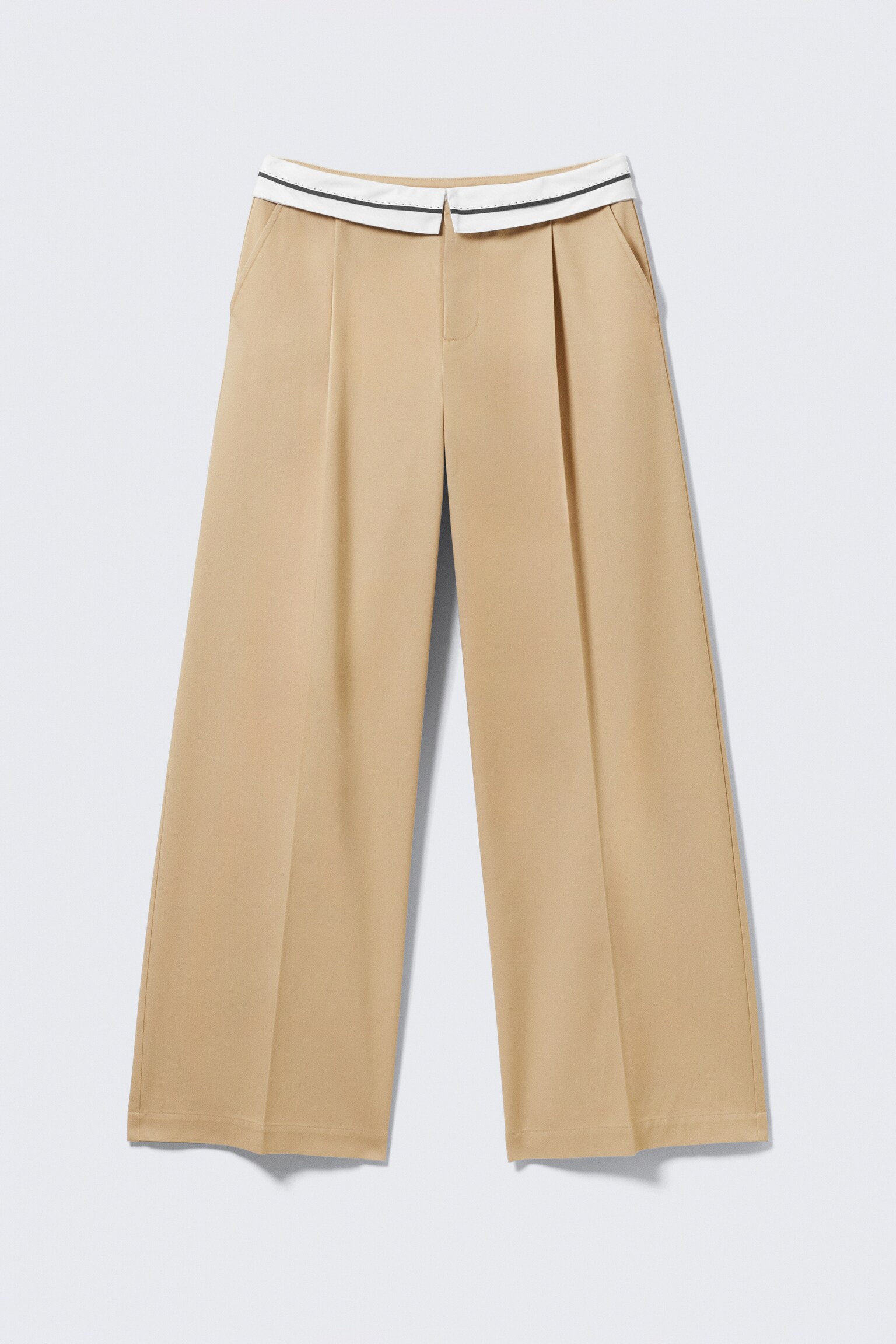 Low Rise Folded Waist Twill Trousers - Beige/Grey - 2
