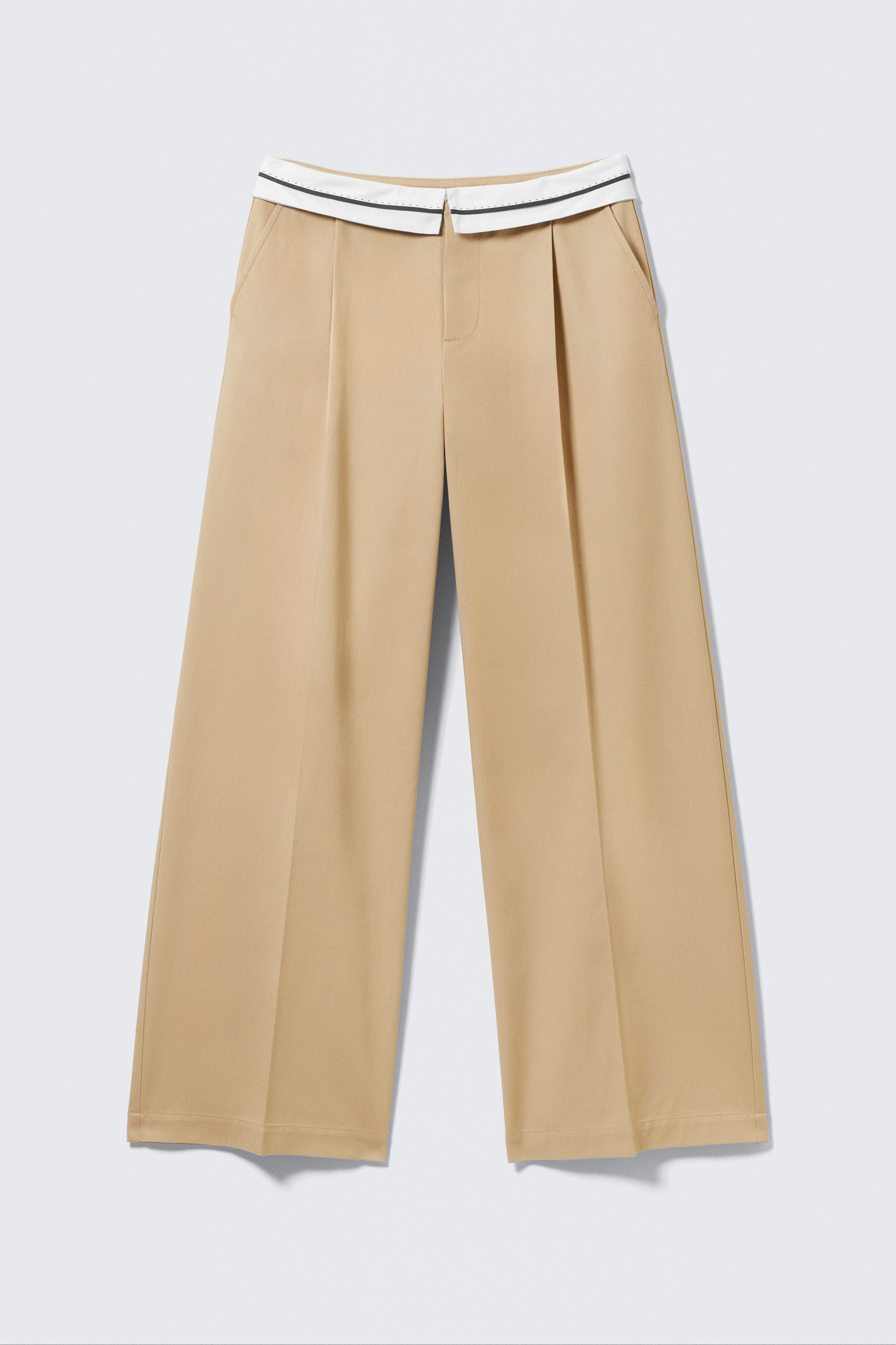 Beige - Low Rise Folded Waist Twill Trousers - 3