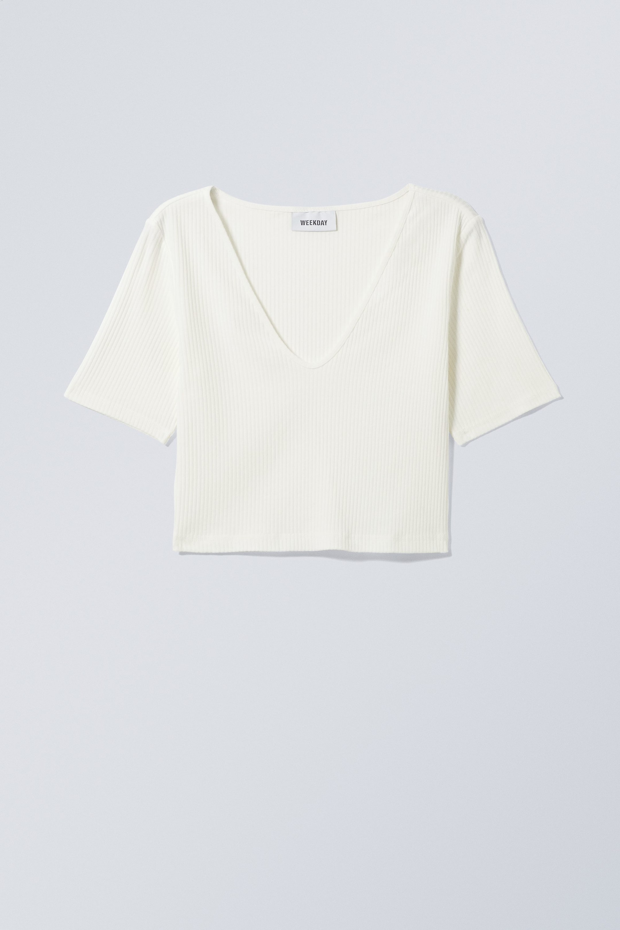 Weiß - Fein geripptes Cropped-T-Shirt - 0