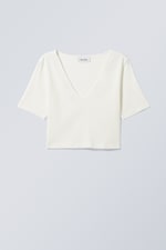 Weiß - Fein geripptes Cropped-T-Shirt - 0
