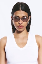 Greige - Grey Lenses - Thin Oval Frame Sunglasses - 0