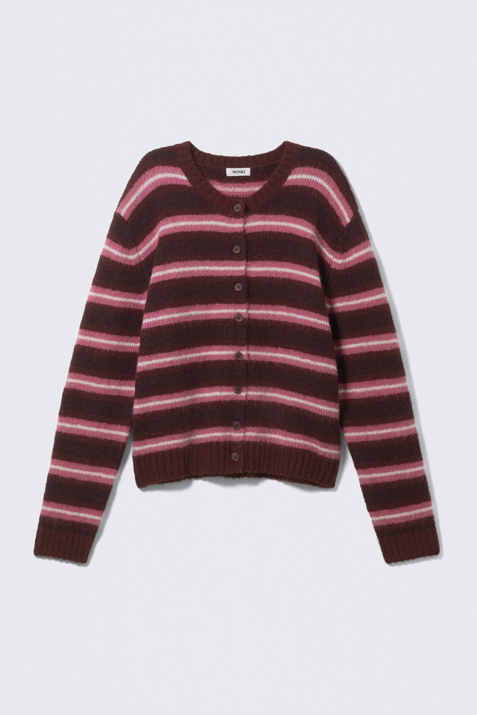 Strikket cardigan med børstet tekstur og knapper - Mørkerød & pink striber/Brun/Sorte/Grønne Striber - 2