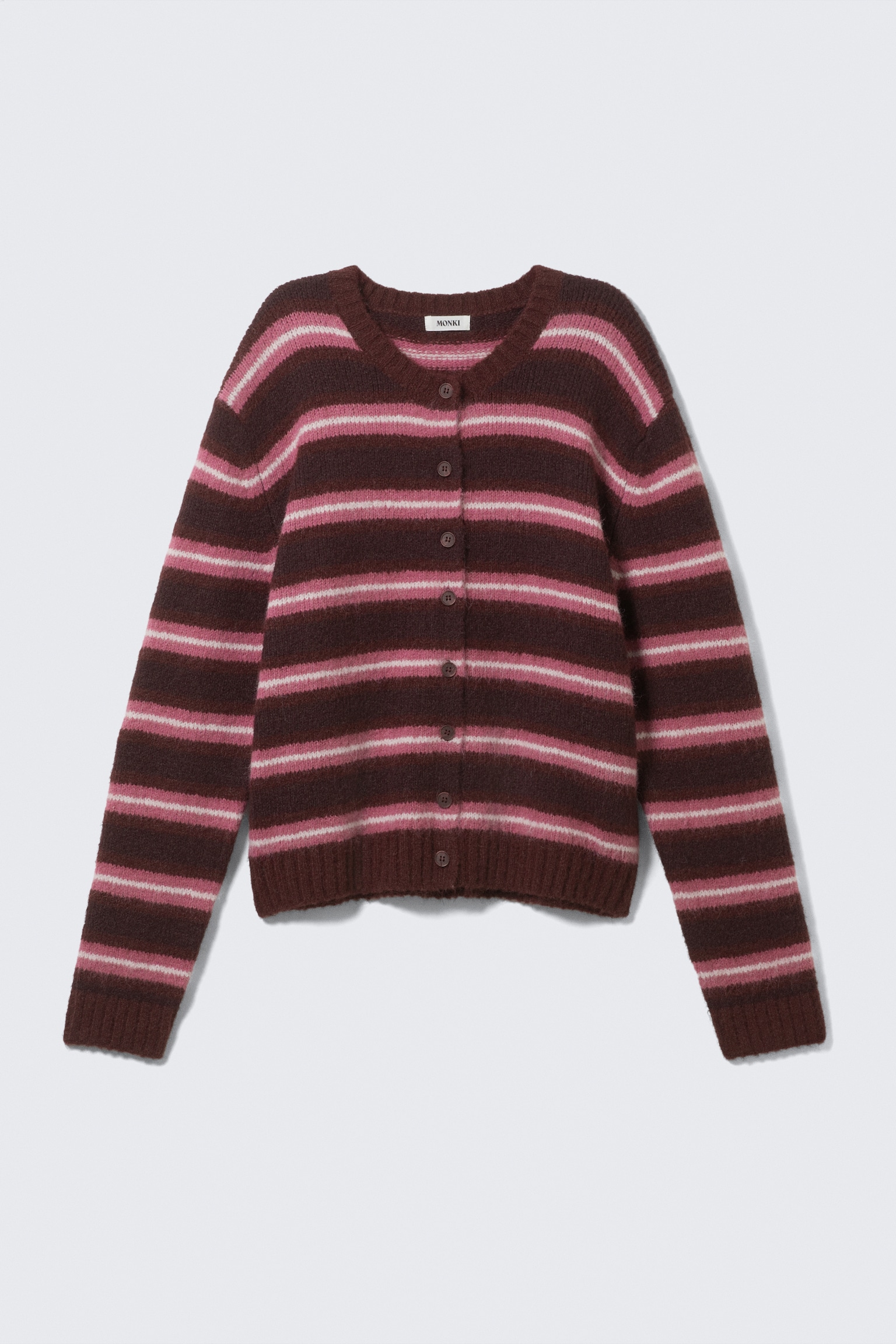 Brushed Knit Buttoned Cardigan - Dark Red & Pink Stripes/Brown/Black/Green Stripes - 2