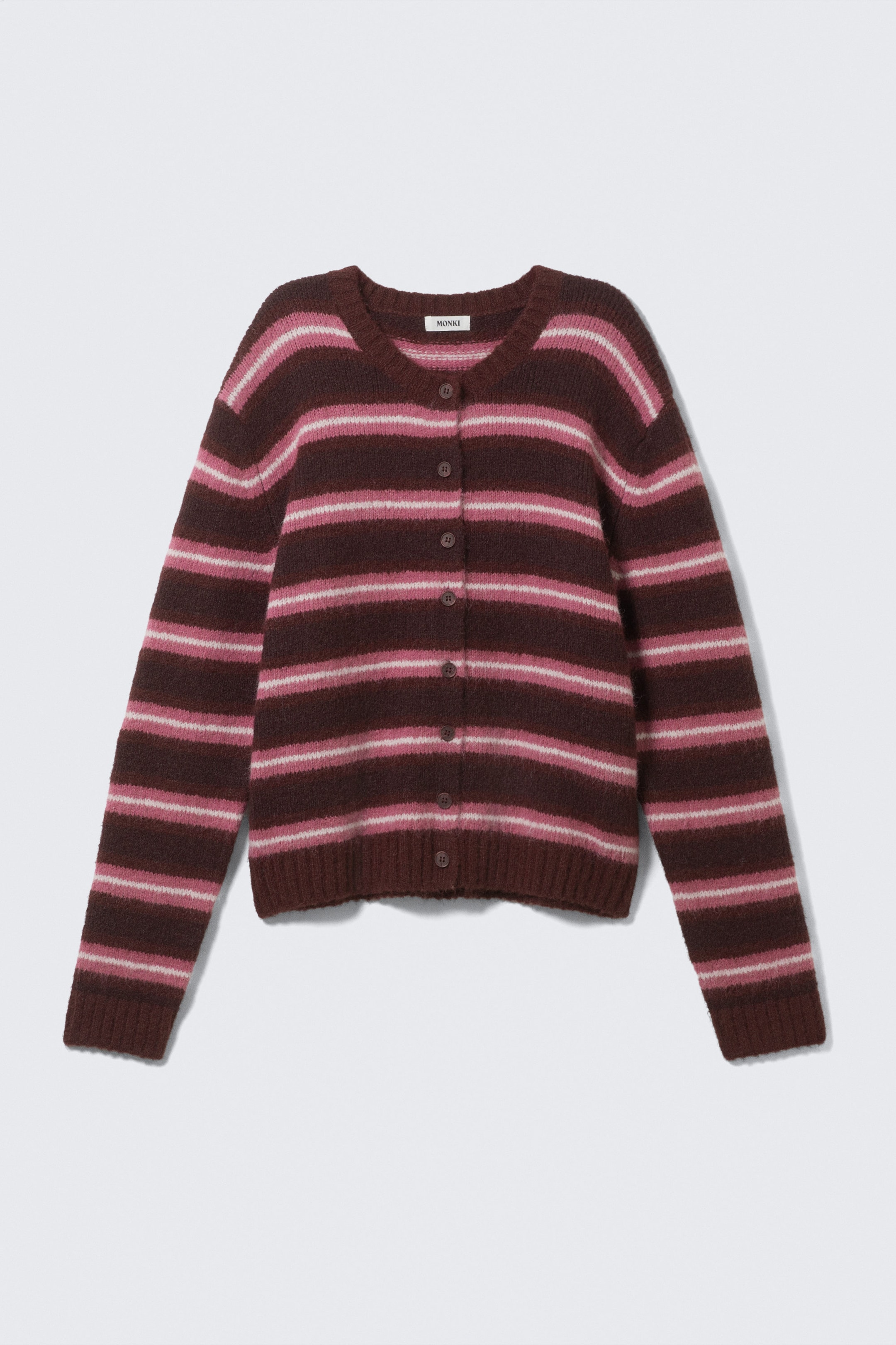 Dark Red & Pink Stripes - Brushed Knit Buttoned Cardigan - 3
