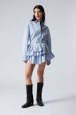 Striped Light Blue - Pleated Layered Mini Skirt - 0