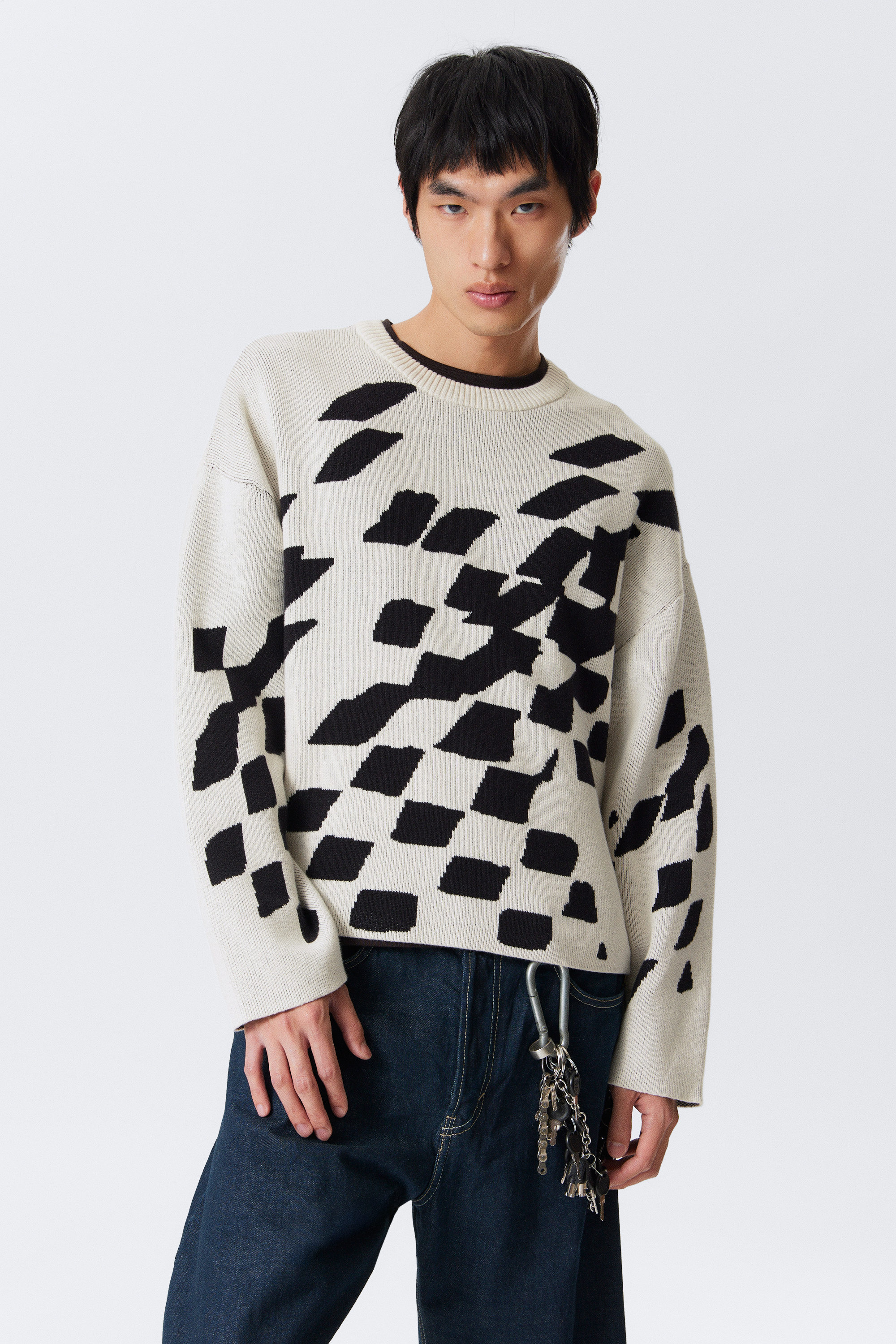 Dirty White - Square Pattern - Boxy Graphic Jacquard Sweater - 1