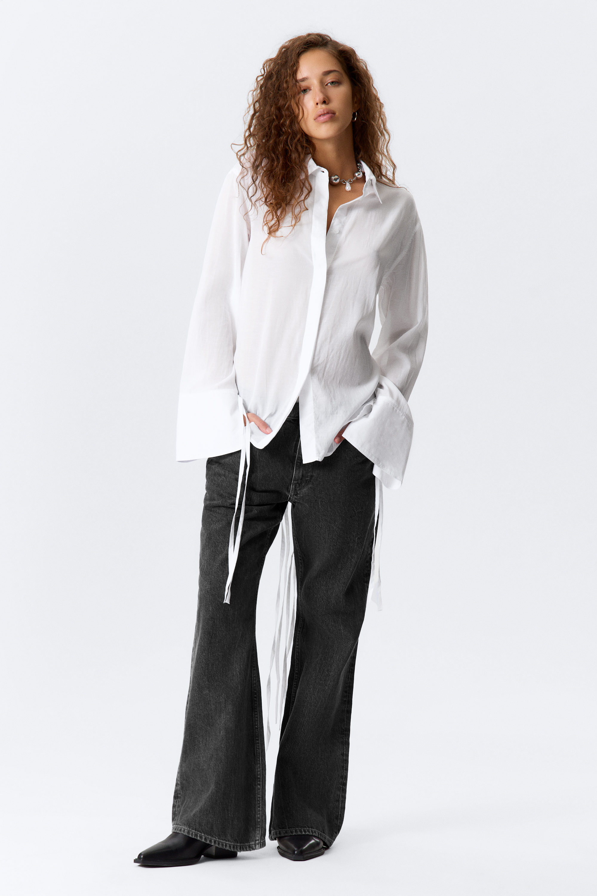 White - Long-Sleeved Open Back Tie Shirt - 2