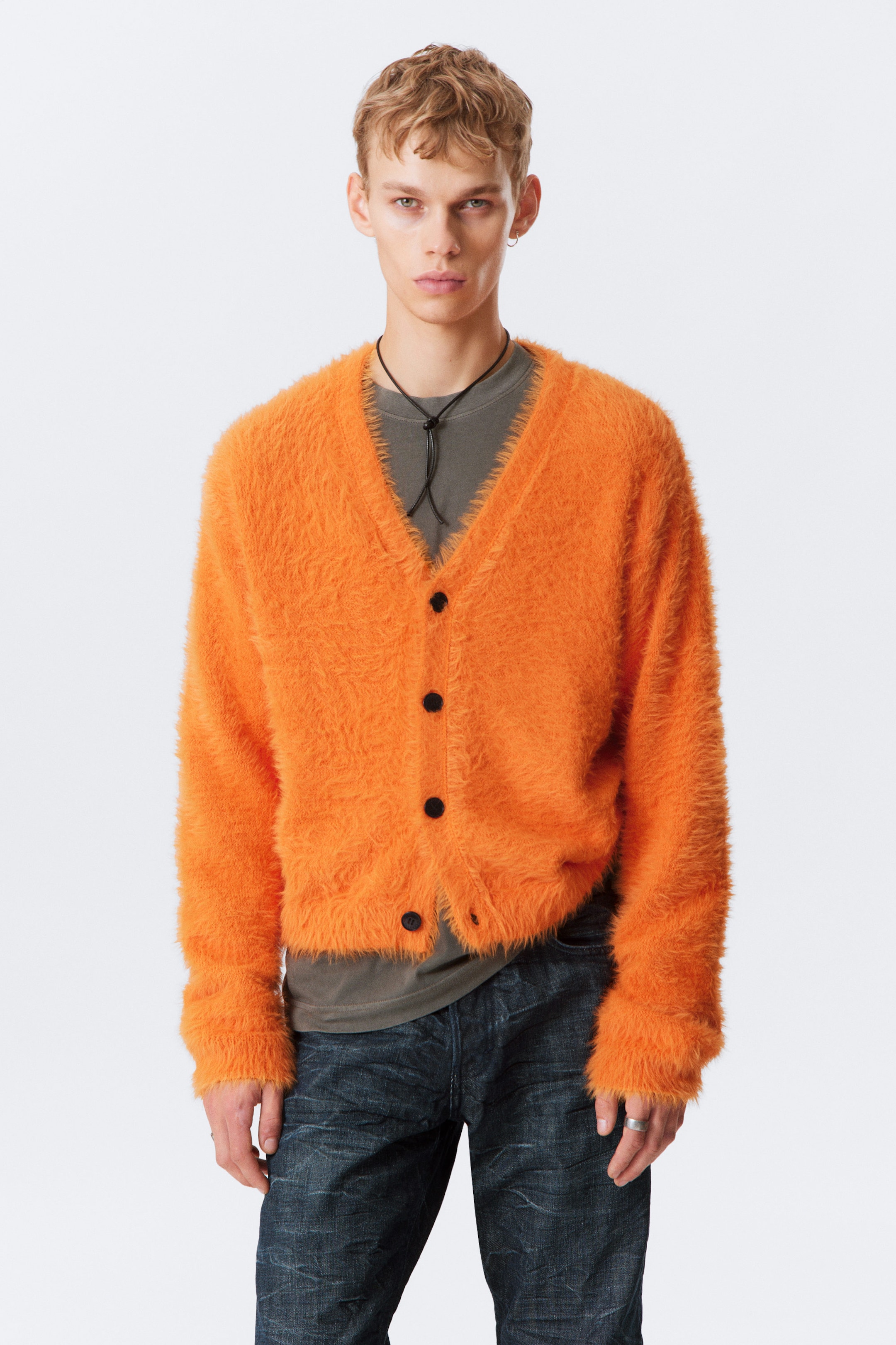 Orange - Hairy V-neck Cardigan - 1