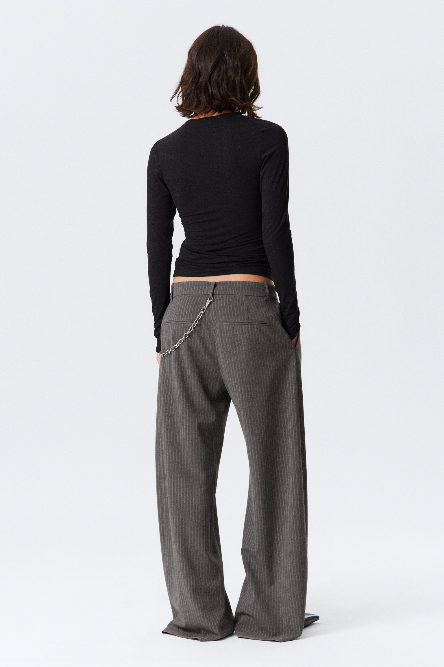 Low Waist Wide Suiting Trousers - Striped Dark Grey/Dark Khaki Green/Black - 7