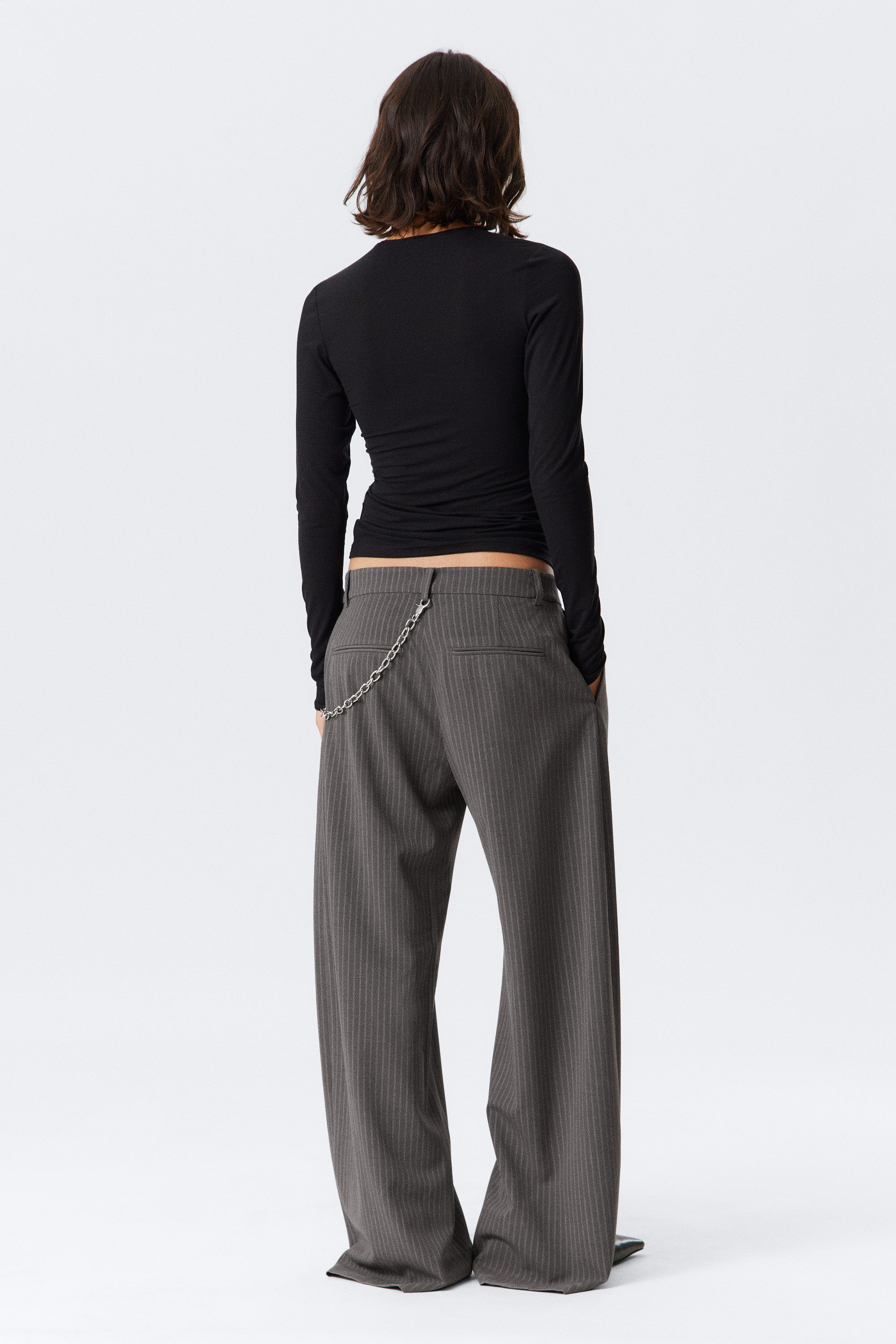 Striped Dark Grey - Low Waist Wide Suiting Trousers - 4