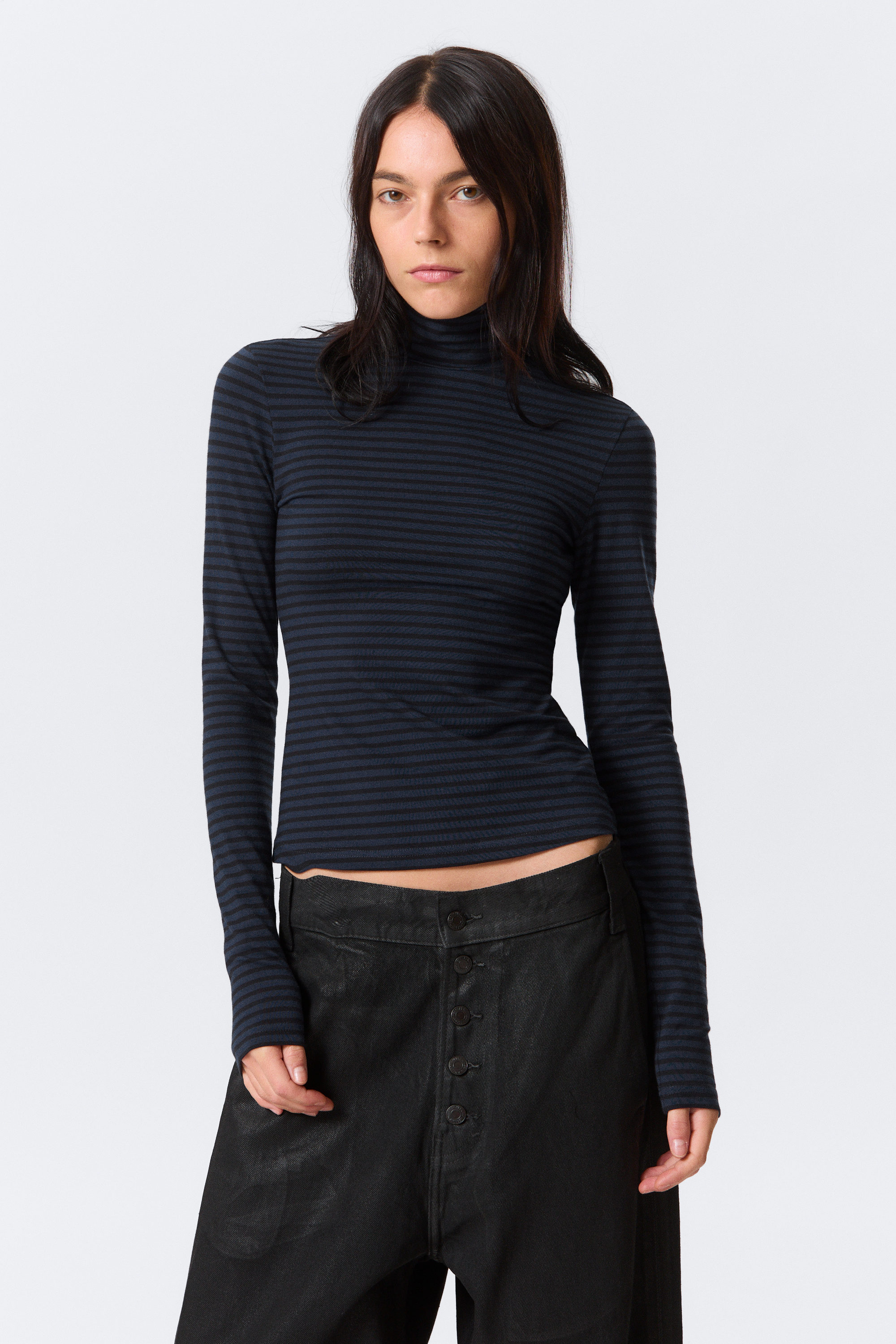 Striped Dark Blue - Fitted Striped Turtleneck Top - 1