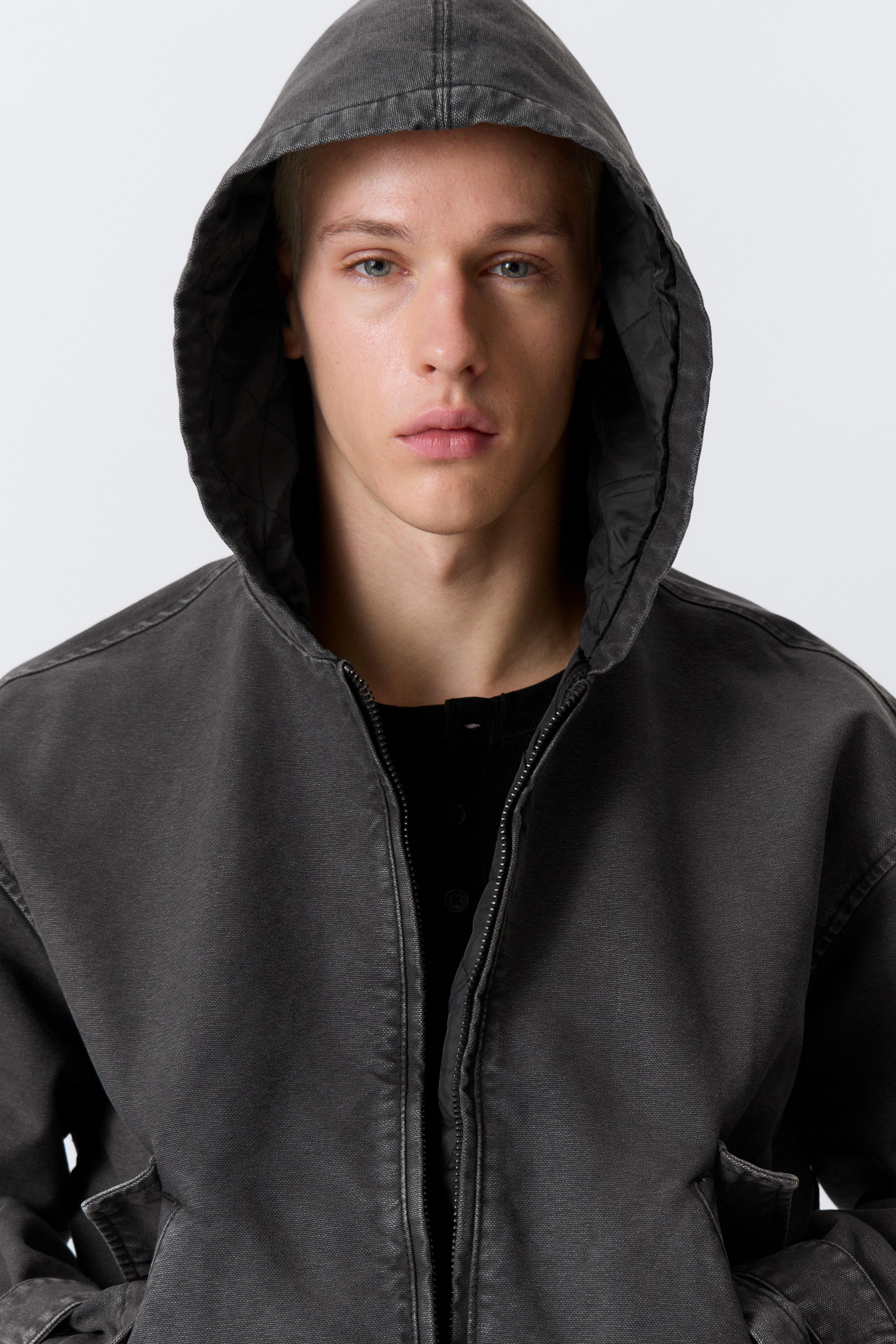 Black Melange - Loose Hooded Canvas Jacket - 3