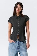 Dark Grey - Pinstriped - Slim Fit Short-Sleeved Crepe Shirt - 0