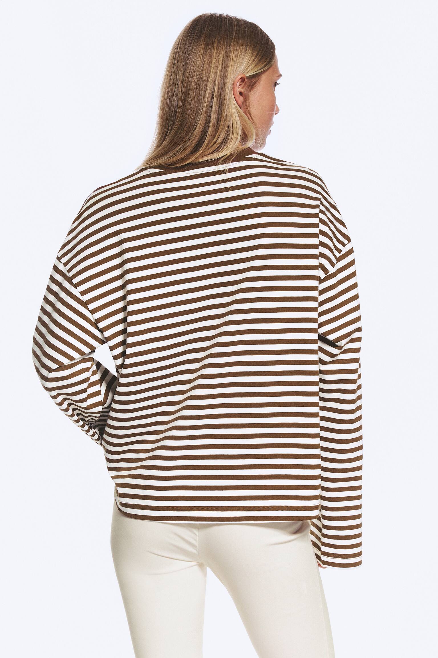 Bavlněné tričko s dlouhým rukávem - Hnědé a bílé pruhy/Bílá - růžové/červené pruhy/Prachově bílá - hnědé pruhy/Modro-hnědý pruh/Námořnická modrá/růžová pruhovaná/Koralové/fialkové pruhy - 3