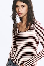Pink & Burgundy Stripes - Long-Sleeved Slim Fit Scoop Neck Top - 1