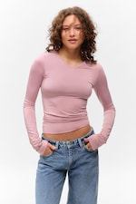 Light Pink - Long-Sleeved V-Neck Top - 0