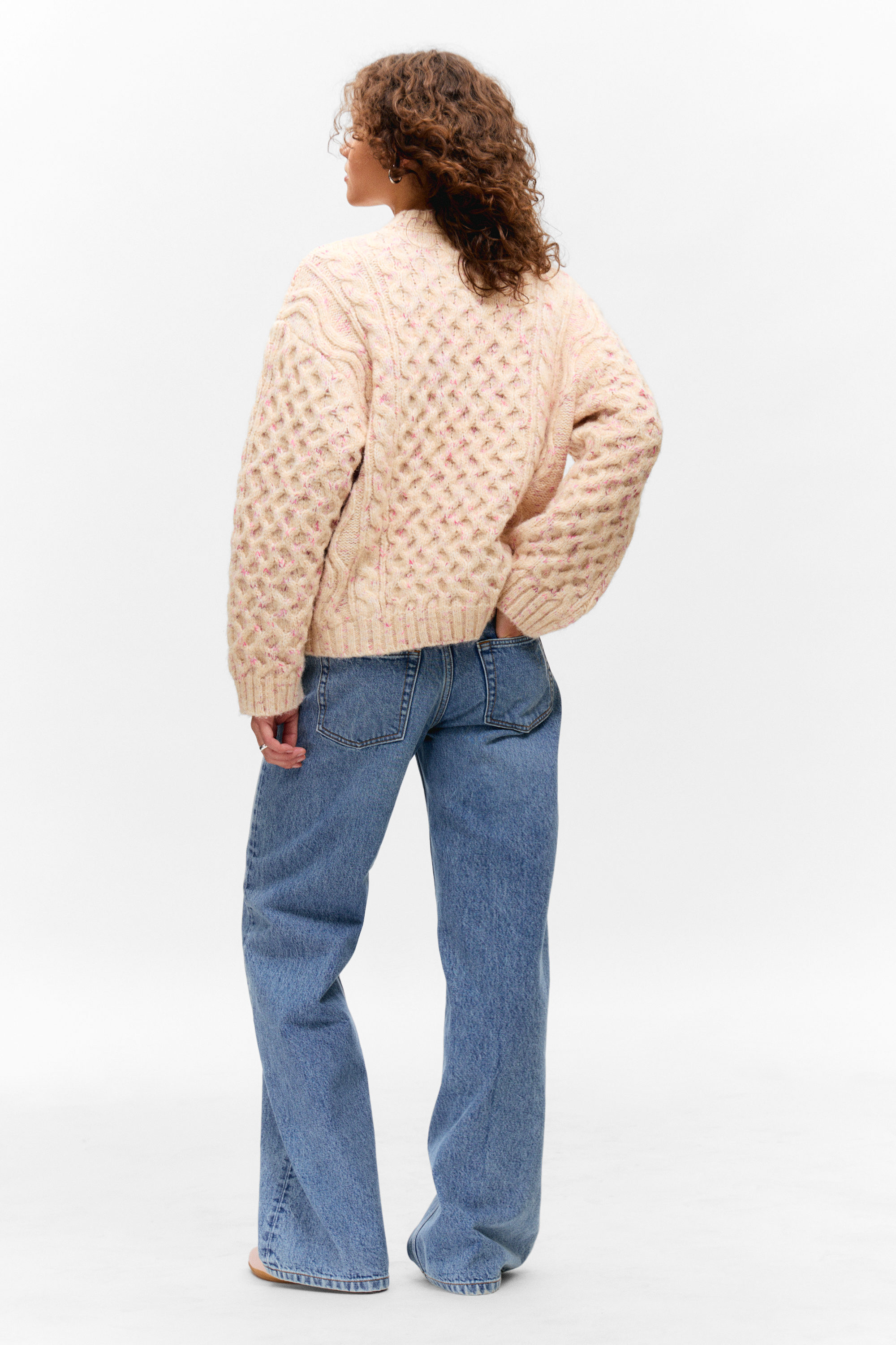 Beige - Pink Neps - Long Cable Knit Textured Sweater - 2