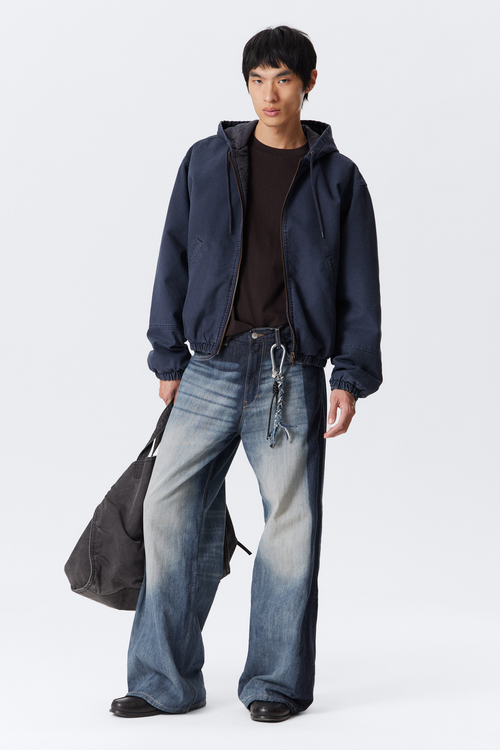 Washed Navy Blue - Relaxed Hooded Bomber Jacket - 3