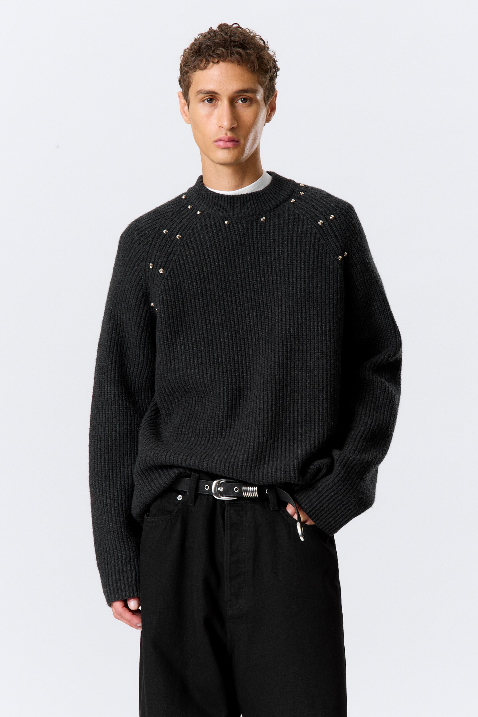 Relaxed Knitted Wool-Blend Sweater with Studs - Black - Studs - 1