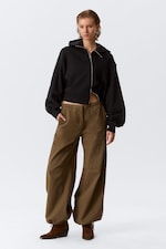 Black - Cropped Asymmetric Zip Hoodie - 0