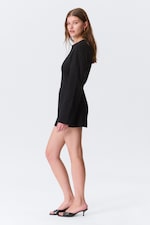 Black - Long-Sleeved Cotton Mini Dress - 4