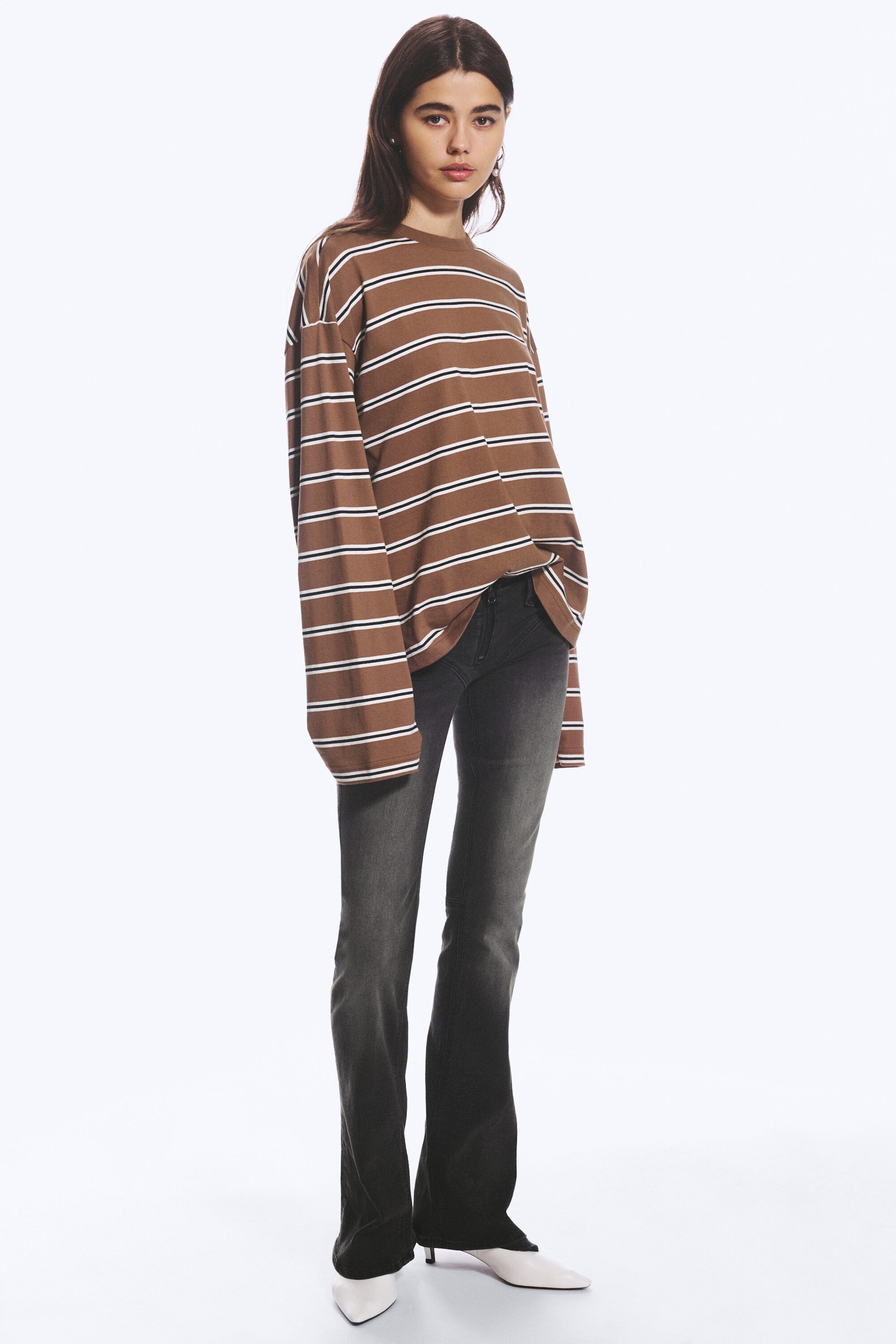 Brown/White Stripe - Long-Sleeved Cotton T-shirt - 1