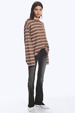 Brown/White Stripe - Long-Sleeved Cotton T-shirt - 1